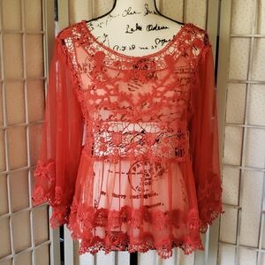 Pink Melo sheer embroidery dark orange lace top with wide sleeves L